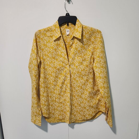 GAP Women's Yellow/White design Long Sleeve Button Down Blouse Top Shirt-Medium - Picture 1 of 7